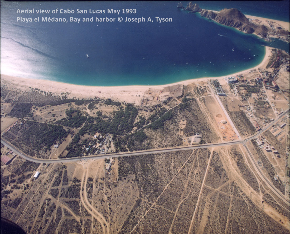 Aerial View of Cabo San Lucas Bay, Harbor, and Medano Beach. Photo May 1993 by Joseph A. Tyson.
